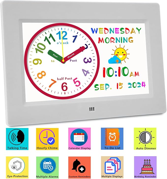 MASSII 2025 Digital Teaching Clock Talking Time, 24 Alarms Custom Reminders, Checklist to-Do List, Auto DST & Calendar Display, Sleep Trainer, Easy to Use for Kids Birthday Gift- White with Remote