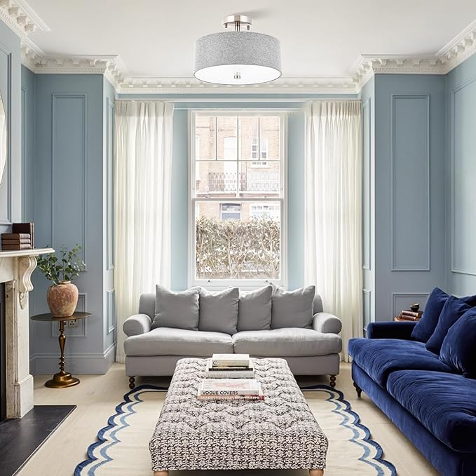 3-Light Semi Flush Mount Ceiling Light Fixture, 13" Modern Drum Light with Grey Fabric Shade, Close to Ceiling Lighting Hanging Lamps for Bedroom Living Room Dining Room Kitchen Hallway