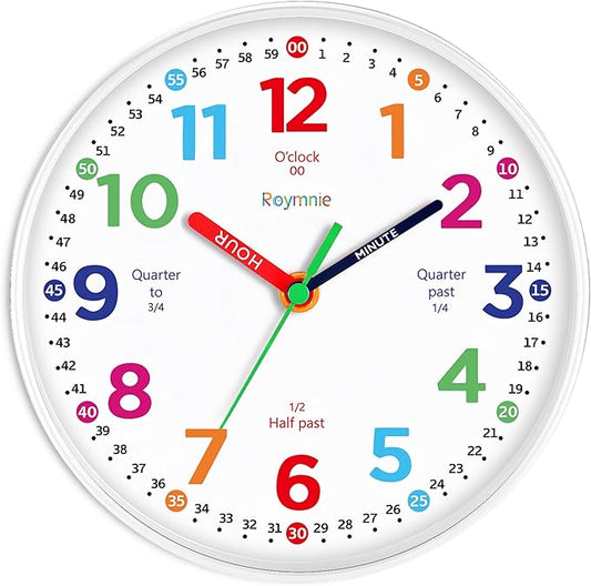 Wall Clock 10 Inch for Kids Learning Kids Teaching Clock Analog Silent Battery Operated Colorful Teaching Time Clock Decorative for Kids Room Kitchen School (White Grain)