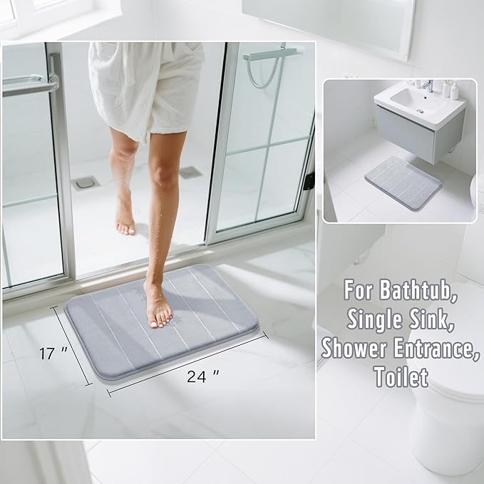 Yimobra Memory Foam Bath Mat, Super Soft Absorbent Bathroom Rug Non Slip 24x17 Inch, Quick Dry, Machine Washable Floor Carpet for Tub Shower, Home Decor Accessories, Silver