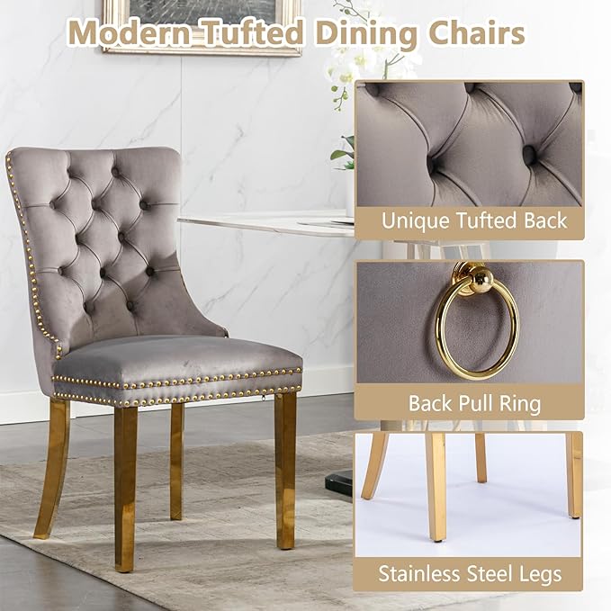 Goujxcy 5 Piece Round Glass Dining Table Set for 4, 47" Round Dining Table & Chair Set Modern Circle Glass Kitchen Table and 4 Velvet Upholstered Chairs for Kitchen Dining (Gold Table & Grey Chair)