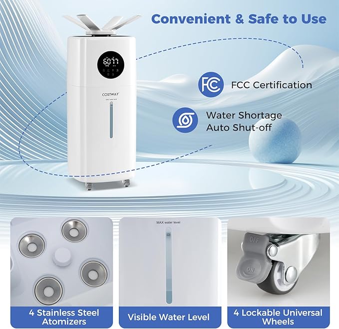 COSTWAY 21L Humidifier for Large Room, 5Gal Whole House Ultrasonic Humidifier with 3 Mist Levels, Extension Tube, 360° Nozzles & Remote Control, Top Fill Commercial Humidifier with Wheels for Home