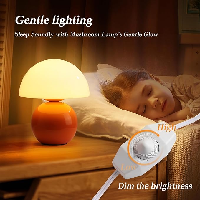 Mushroom Lamp - Ceramic Base with Multi-level Dimming | Retro-Modern Small Lamp in Vibrant Orange | Cute Aesthetic Desk/Bedside Light for Bedroom/Living Room, Decorative Accent & Thoughtful Gift