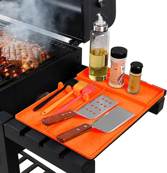 Griddle Mat Barbeque Grill Accessories Tools for Blackstone, Side Shelf Food-Grade Silicone Spatula Mat with Drip Pad for Outdoor Grill Kitchen Counter - Orange
