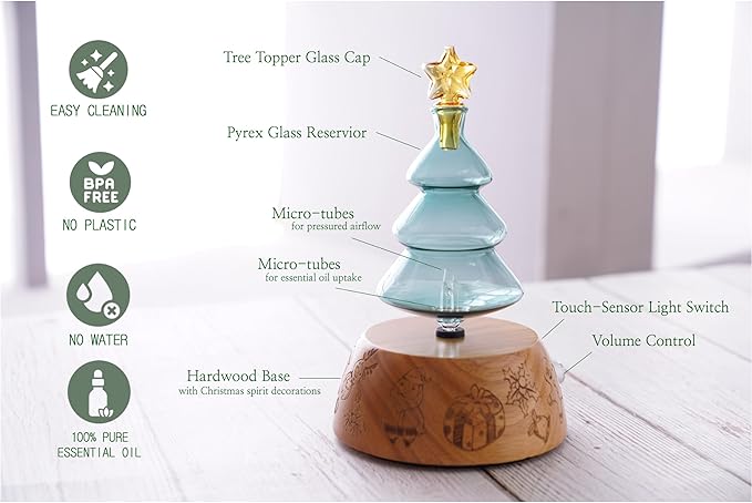 Christmas Tree Aromatherapy Diffuser for Essential Oil, Waterless Glass Nebulizer w/ Auto-Off Switch, Best Christmas Gifts & Decoration Ideas for Women, Friends, Family