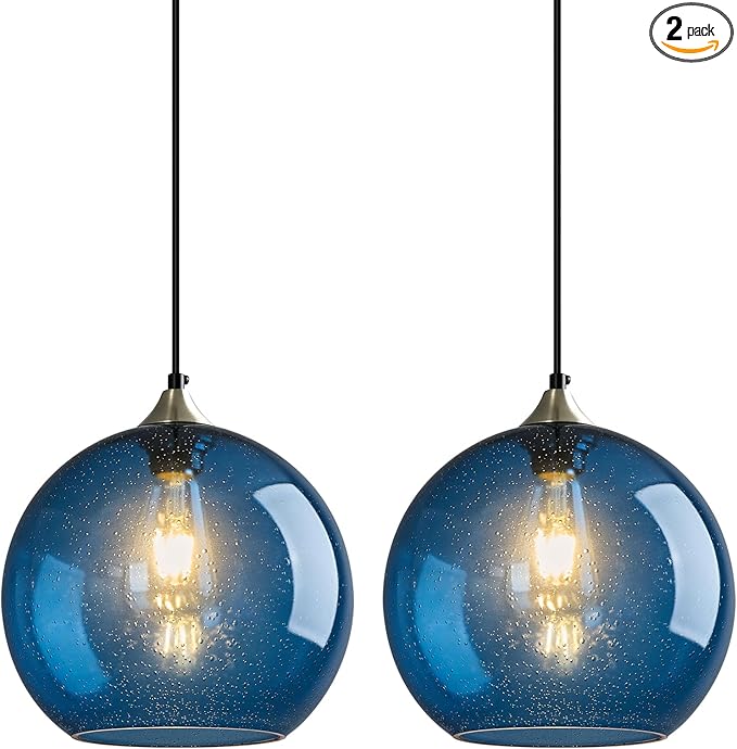 Blue Glass Pendant Lights Kitchen Island Lighting Globe Pendant Light Fixtures Modern Pendant Lighting for Kitchen Island Bedroom Living Dining Room Light Fixture(9.84in, 2-Pack)