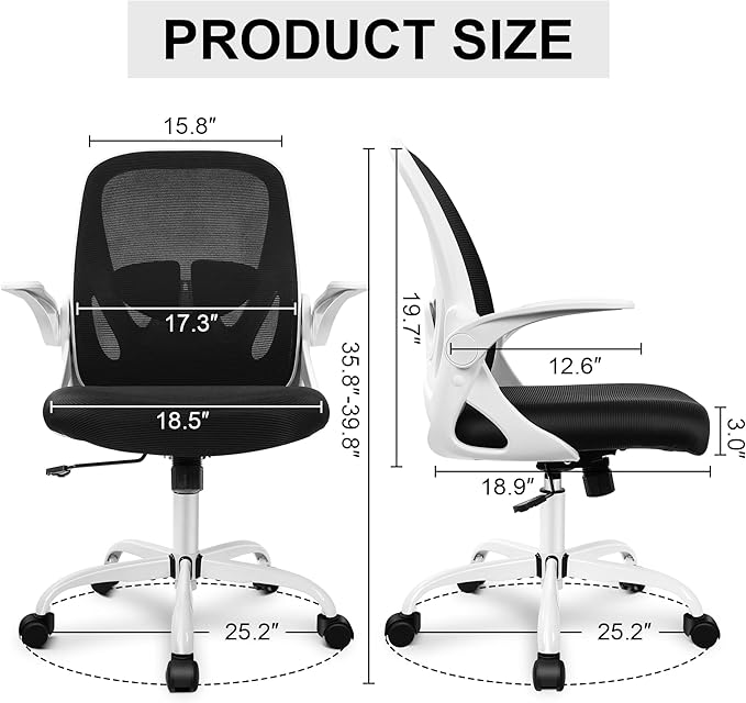 Primy Office Chair Ergonomic Desk Chair with Adjustable Lumbar Support and Height, Swivel Breathable Desk Mesh Computer Chair with Flip up Armrests for Conference Room(White)