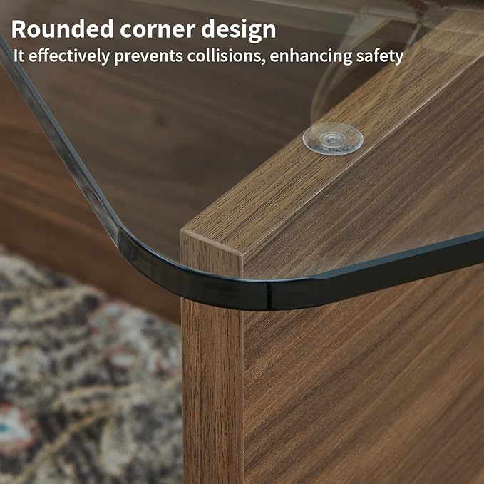 31.5" Glass Coffee Table, MDF Mid-Century Modern Square Coffee Table with Tempered Glass Top, Square Center Tables for Small Space Living Room Office Apartment, Walnut