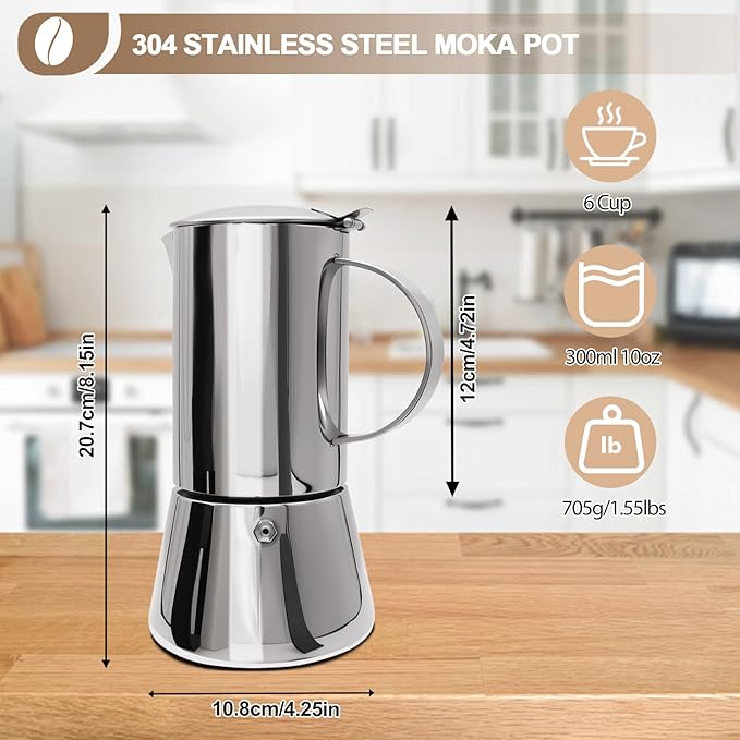Uncoated 6 Cup Moka Pot 304 Thickened Stainless Steel Coffee Maker Stovetop Espresso Coffeemaker Italian Classic Style Brewing Greca Cafe Mocha Machine for Cafeteras Camping Travel Home 300ml 10oz