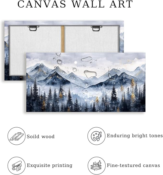 SERIMINO Mountain Landscape Large Wall Art, Misty Forest Canvas Prints, Blue Gold Watercolor Pine Tree Paintings Wall Decor Living Room Bedroom, Natural Scenery Office Decor Pictures 20"X40"