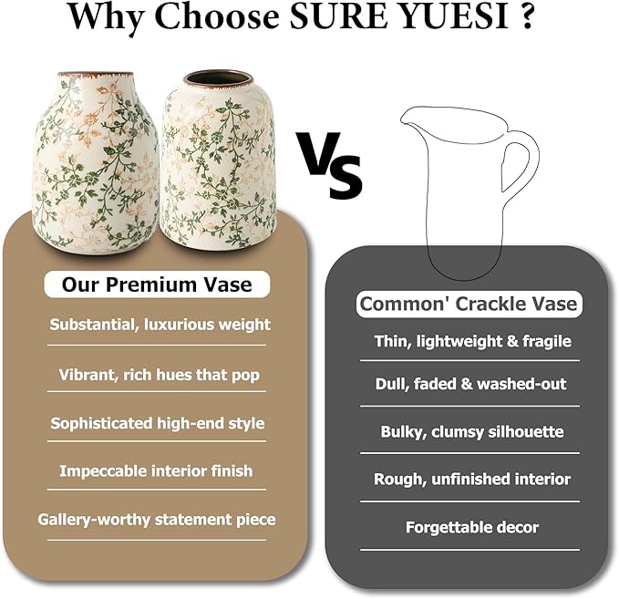 Green and White Vintage Vase with Handle, Chinoiserie Floral Pitcher Vase, Rustic Ceramic Farmhouse Vases for Home Decor, Living Room, Bookshelf, Office, Grand Millennial Decors, Tuscan Decor 7.9 Inch