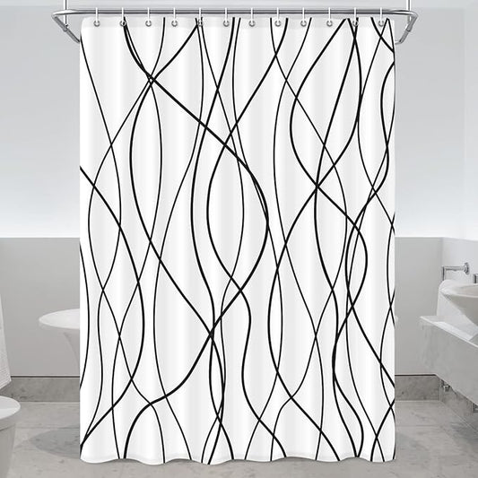 Punkray Black and White Striped Wavy Line Polyester Shower Curtain for Bathroom with Hooks, Extra Long Shower Curtains 96 Inches Long, Weighted Hem, Waterproof Bath Accessories