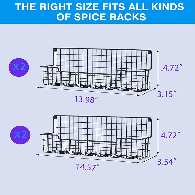 Spice Rack Wall Mount, Spice Organizer for Cabinet & Pantry Door, Set of 4 Hanging Spice Rack Saving Space for Kitchen, Black