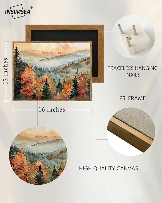 InSimSea Framed Canvas Wall Art Vintage Decor, Fall Pictures Home Bathroom Wall Decor, Kitchen Office Bedroom Rustic Fall Art, Autumn Forest Landscape Artwork, 12"x16"
