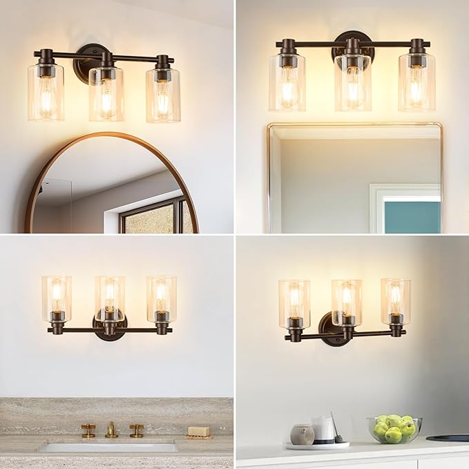 Bathroom Light Fixtures Wall Sconce Light with Clear Glass Oil Rubbed Bronze 3 Lights Bathroom Lighting Over Mirror Vanity Lights for Living Room,Bedroom,Restroom,Hallway E26 Base
