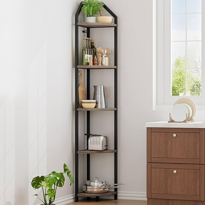 5-Tier Corner Shelf | 70 Inch Tall Bookshelf & Plant Stand, Heavy Duty Storage for Home Office & Living Room - Grey