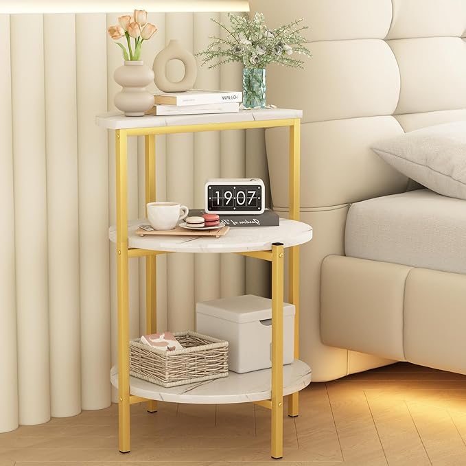 AWQM Marble Side End Table, 3-Tier Sofa Side Table,Small Round Coffee Table Bedside Table, Corner Table w/Metal Frame for Living Room Bedroom, White+Gold