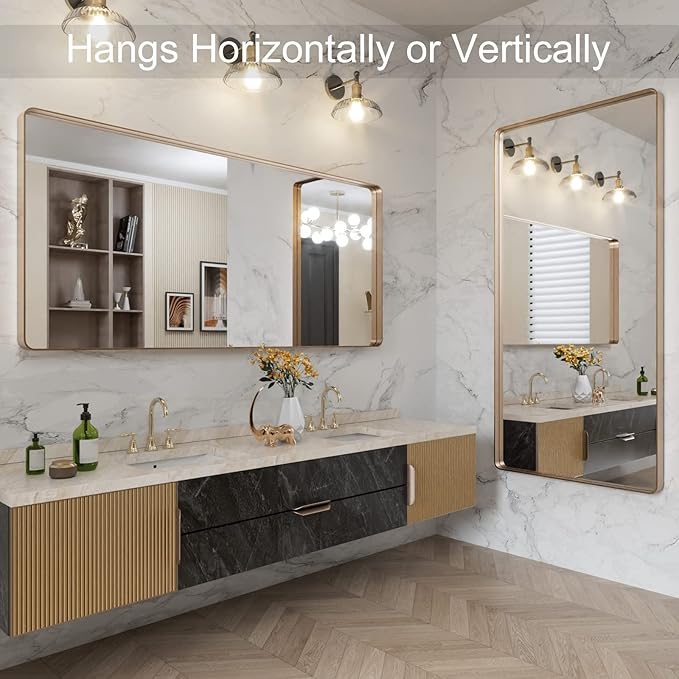 LOAAO 60”X28” Gold Bathroom Mirror, Rounded Rectangle Gold Frame Mirror, Brushed Gold Bathroom Vanity Mirror Wall-Mounted, Anti-Rust, Tempered Glass, Hangs Horizontally or Vertically