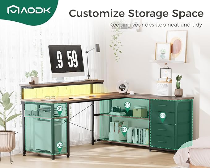 AODK 61" L Shaped Desk with Drawer, Computer Desk with Power Outlets & LED Lights, Reversible Corner Gaming Desks for Home Office Workstation, Office Table with Monitor Shelf, Gray