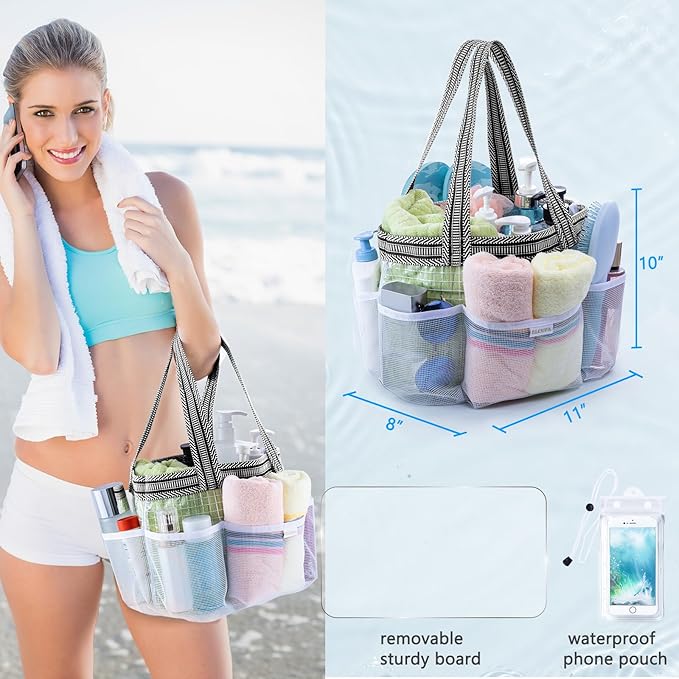 Mesh Shower Caddy Portable for College Dorm Room Essentials with Waterproof Phone Pouch, Shower Bag with Reinforced Bottom for Beach,Camping, Swimming,Gym, Quick Dry Toiletry Bag with 6 Pockets