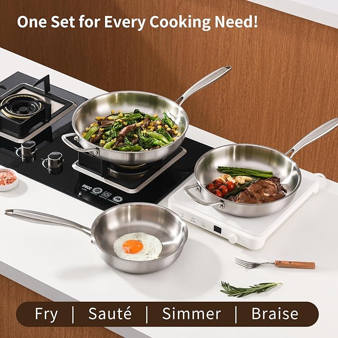 12-Inch Tri-Ply Stainless Steel Pan, PFOA and PTFE-Free Skillet Griddle, Stainless Steel Pan Set with Lid for the Kitchen, Induction-Compatible Cookware Sets, Dishwasher and Oven Safe