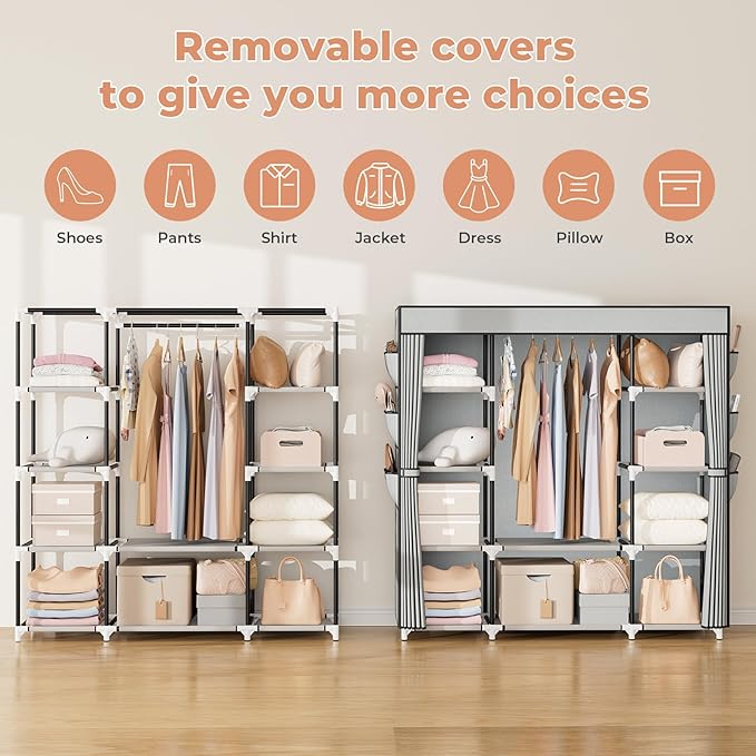 VTRIN Portable Closet Wardrobe for Hanging Clothes 57.3 Inch Large Capacity Clothes Rack with Cover, 10 Storage Organizer Shelves, 1 Hanging Rods and 6 Pockets, Free Standing Closet for Bedroom, Grey