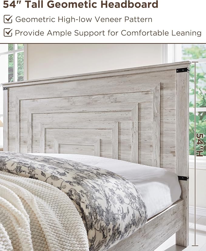 T4TREAM Farmhouse Queen Size Bed Frame with 54" Tall Geometric Headboard & 2 Large Storage Drawers, Rustic Wood Platform Bed with Wood Slats Support, No Box Spring Needed, Antique Brushed White