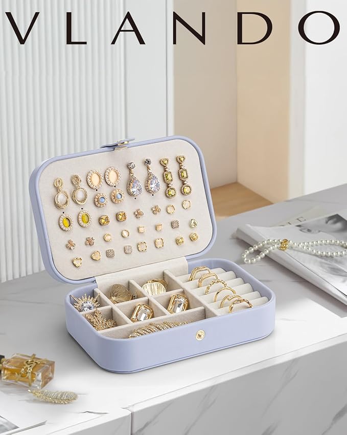 Vlando Travel Jewelry Case for Women Girls Mothers, PU Leather Portable Small Jewelry Box for Rings, Necklaces, Bracelets, Earring Holder Organizer Storage for Travel Gifts Bridesmaid Gifts - Purple