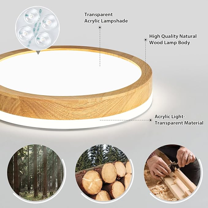 Modern Dimmable Wood Flush Mount Ceiling Light, 2700K-6000K 5CCT Round Close to Ceiling Lighting Fixtures, Minimalist LED Ceiling Lamp for Bedroom, Kitchen, Hallway, Laundry Room-11.81in