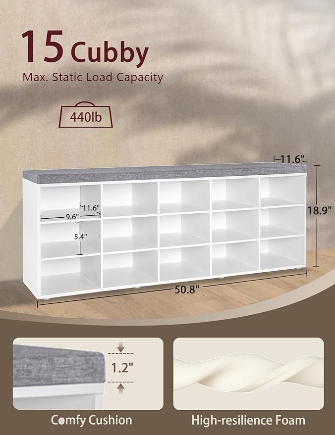 DINZI LVJ Shoe Storage Bench with Cushion, 15-Cubby Shoe Rack, Adjustable Shelves, Long Shoe Organizer Bench for Entryway, Mudroom, Hallway, Living Room, Bedroom and Garage, White