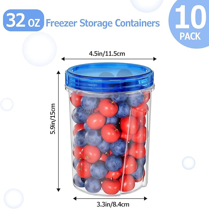 [10 Pack-32 OZ] Food Storage Containers, Small Plastic Containers with Twist Top Lids, Airtight Freezer Storage Containers with Lids, Reusable Soup Containers for Meal Prep, Lunch, Leftovers, Salad