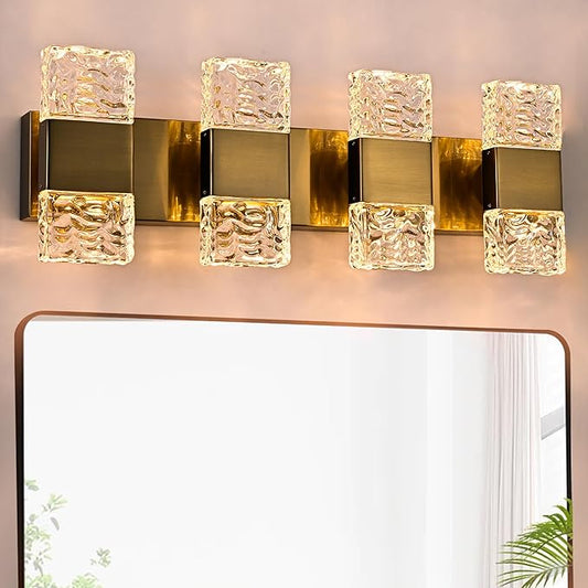 MELUCEE 4 Lights Bathroom Vanity Light Fixtures Modern LED Vanity Lighting Fixture Brass Crystal Vanity Light Bar 32W LED Wall Mounted Lamp Above Mirror Sink Dressing Table, 3000K Warm Lighting