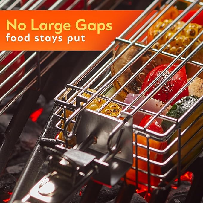 Kabob Grilling Baskets – Set of 3 Stainless Steel BBQ Baskets (12" x 2" x 2") with Removable Handle and Latching Lid – Great for Grilling Vegetables or Meat Over Campfires and Outdoor Grills