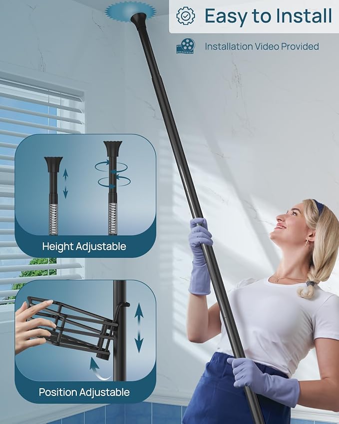 SEIRIONE Corner Shower Caddy Tension Pole, Quick Setup, Rust-Free Bathroom Shower Organizer Corner for Bathtub Shampoo Storage, 4-Tier Adjustable Shelf, Drill Free, Fits 39 to 113 Inch Height, Black