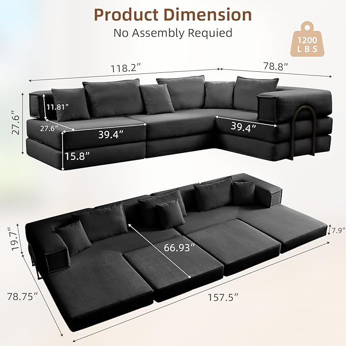 Rovibek 118" 5-in-1 Memory Foam Boneless Sectional Couch, Modular Convertible Sleeper Sofa Bed, Full Size No Assembly Required DIY Combination, Oversized Lazy Sofa with Fixed Frame Black