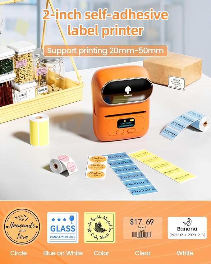 Phomemo Barcode Printer - M110 Label Maker Machine Wireless Bluetooth Themal Label Printer for Small Business, School, Barcode, Address, Jewelry, Clothing, Organizing, Orange