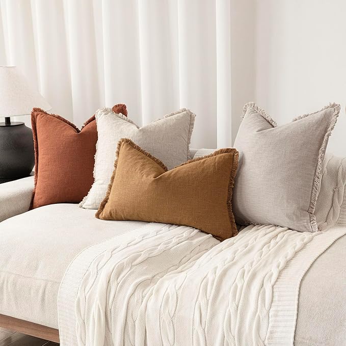 Foindtower Set of 2 Decorative Linen Fringe Lumbar Throw Pillow Covers Farmhouse Cushion Cover with Tassels Soft Accent Pillowcase for Couch Sofa Bed Living Room Home Decor,12×20 Inch,Orange Brown