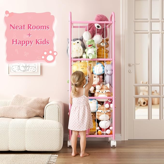 Stuffed Animal Storage Zoo Cage-Stuffed Animal Holder with Heavy Duty Metal Frame & Wheels,Space Save Large Toy Organizer for Kids Holds 50+ Plush Toys for Playroom Bedroom Nursery