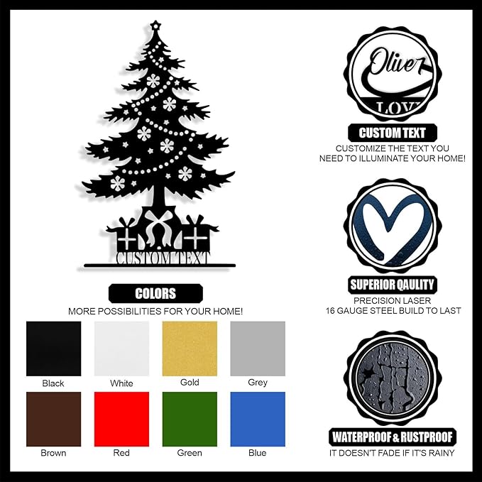 Personalized Christmas Tree Metal Sign, Custom Signs Outdoor Metal Wall Decor, Merry Christmas Tree Signs Wall Decoration for Home Living Room, Bedroom, Office, Garden, Porch