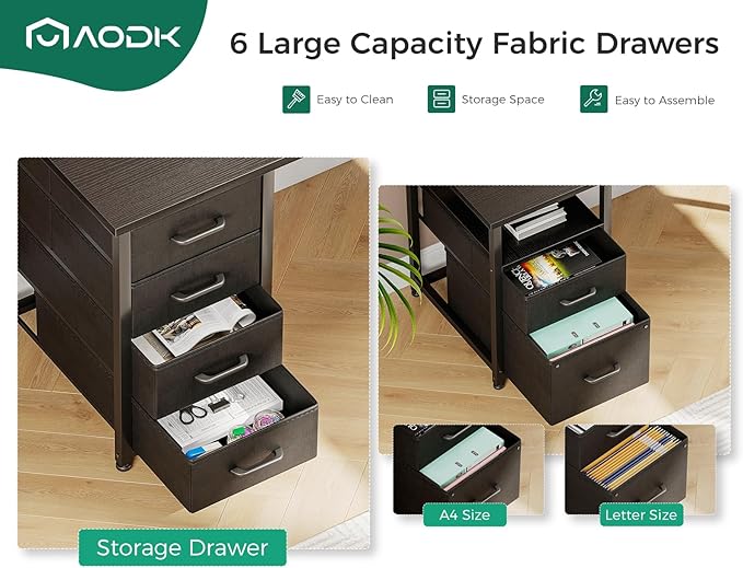 AODK 66" L Shaped Computer Desk, 113“ Reversible Home Office Desk with File Cabinet & 4 Fabric Drawers, Two Person Desk with LED Lights & Power Outlet, Corner Gaming Desk with Monitor Shelf, Black