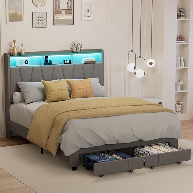 Queen Bed Frame, Velvet Upholstered LED Platform Bed with Headboard Storage, Queen Bed Built-in Charging Station with 2 Drawers, Wood Slat Support, No Box Spring Needed, Grey