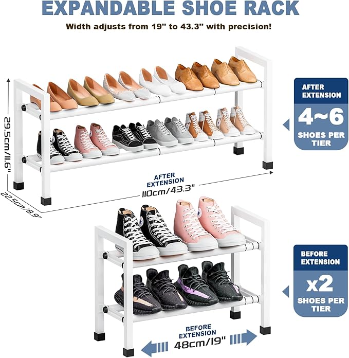 Mavivegue Expandable Shoe Rack, 2-Tier 19"-43.3" Adjustable Shoe Rack for Closet,Hall Entryway,Front Door,Garage, Sturdy Steel Space-Saving Rack, White