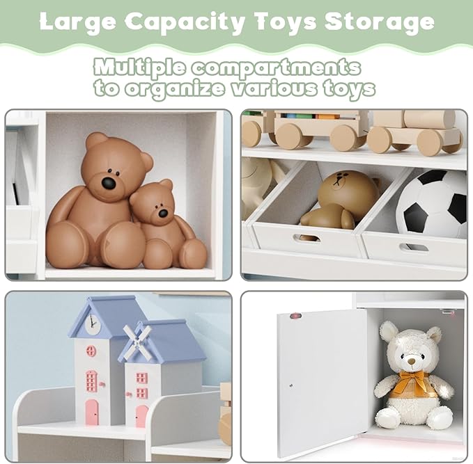 55.7''W Toy Storage Organizer with 7 Removable Bins & 4 Open Shelf,Large Kids Bookshelf and Toy Storage for Playroom, Kids' Room & Classroom,White