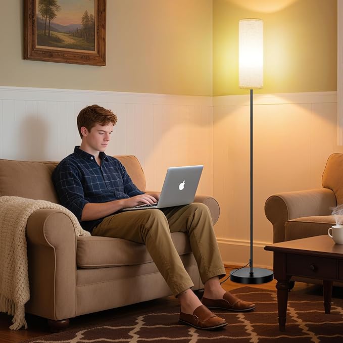 FRIDEKO HOME Floor Lamp with Beige Shade, Simple Design with Foot Pedal Switch, Small Tall Lamps for Living Room Bedroom Office, Corner Floor Stand Light with Black Pole Lamp (No Bulb/No Remote)