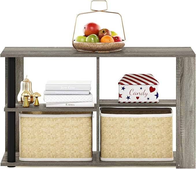 Furinno Romain Narrow End Table with Shelves, French Oak/Black