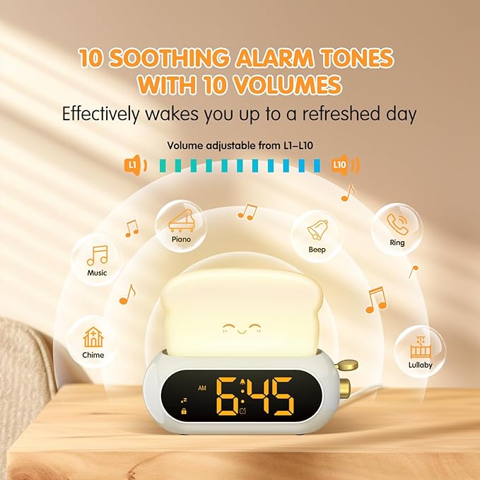 Kids Alarm Clocks for Bedroom, Cute Digital Clock with Night Light, 10 Ringtones, 10 Volumes, Nap Timer, Brightness Dimmer, Snooze, Bedside Alarm Clocks for Boys Girls Teens Birthday Gift, Plug-in Use