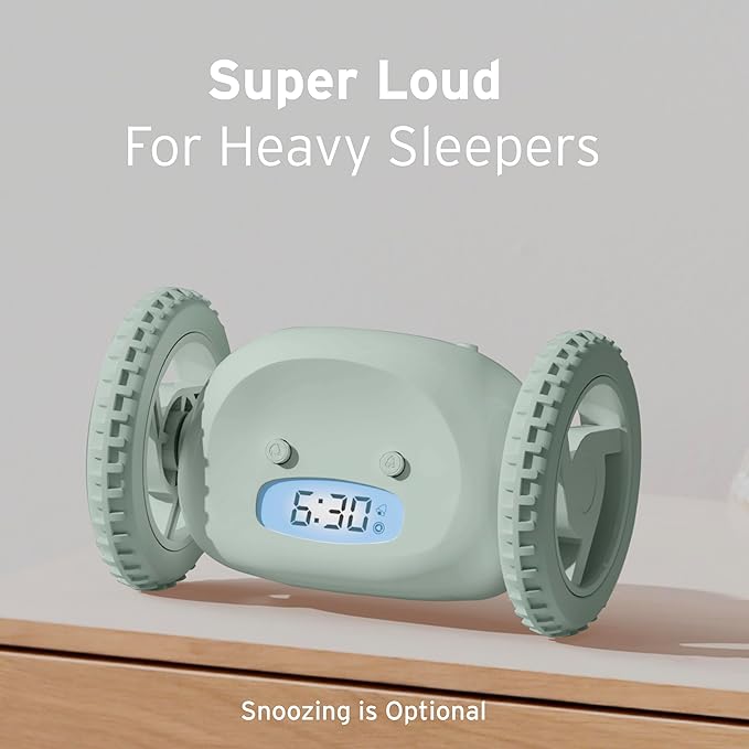 CLOCKY Extra Loud Alarm Clock for Heavy Sleepers on Wheels Rolls Runs Away Vibrating, Easy to Set Super Smart Snooze Digital Bed Shaker Alarm Clock Funny Gift for Adults Kids Teens Bedrooms (Sage)