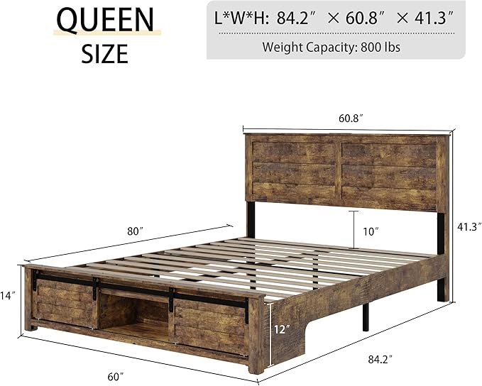 Wooden Queen Size Bed Frame with Headboard, Boho White Farmhouse Storage Bedframe with Sliding Barn Door Footboard and Charging Station, Wood Slats, No Box Spring Needed (Brown, Queen)