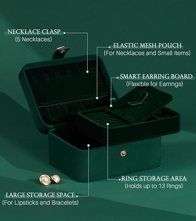 Homde Jewelry Box Small for Women: Ring Earring Organizer Storage for Dresser - Necklace Bracelets Holder with Multi Compartments(Dark Green)