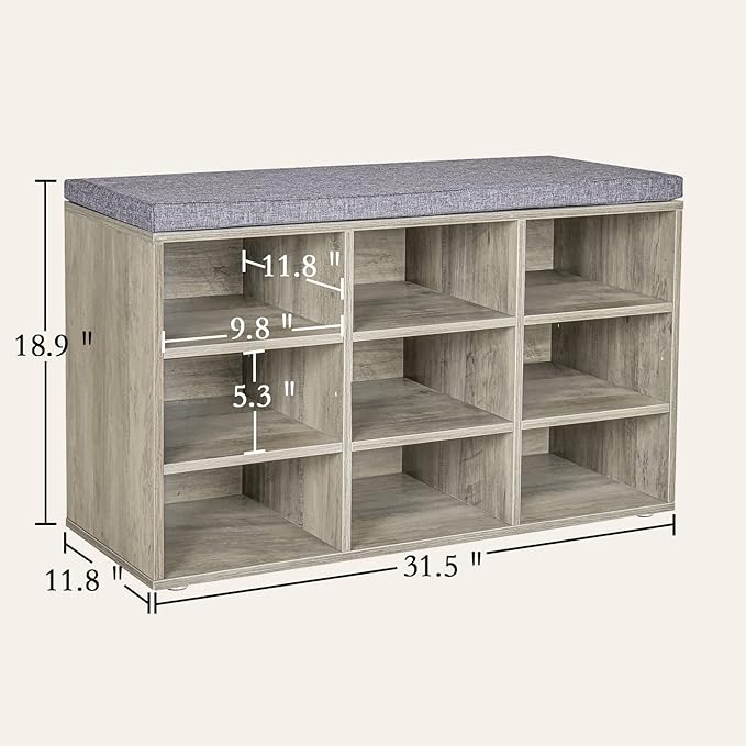 DINZI LVJ Shoe Bench, 9 Cubbies Shoe Organizer for Entryway, Storage Bench with Cushion, Cubby Shoe Rack with Adjustable Shelves for Living Room, Bedroom, Mudroom, Hallway, Gray Wash